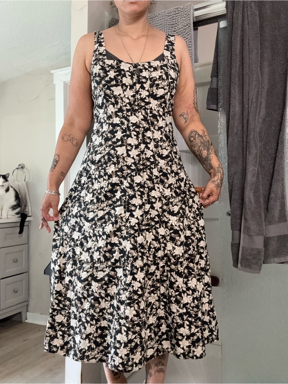 Club Monaco Black Dress with White Floral Print - Sleeveless Midi